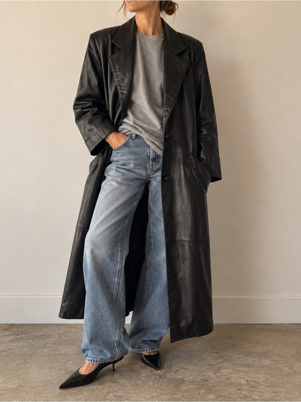 Vintage G III Black Leather Longline Trench Blazer Coat Women’s S